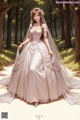 A woman in a wedding dress standing in the woods.