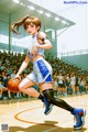 A woman in a blue and white uniform holding a basketball.