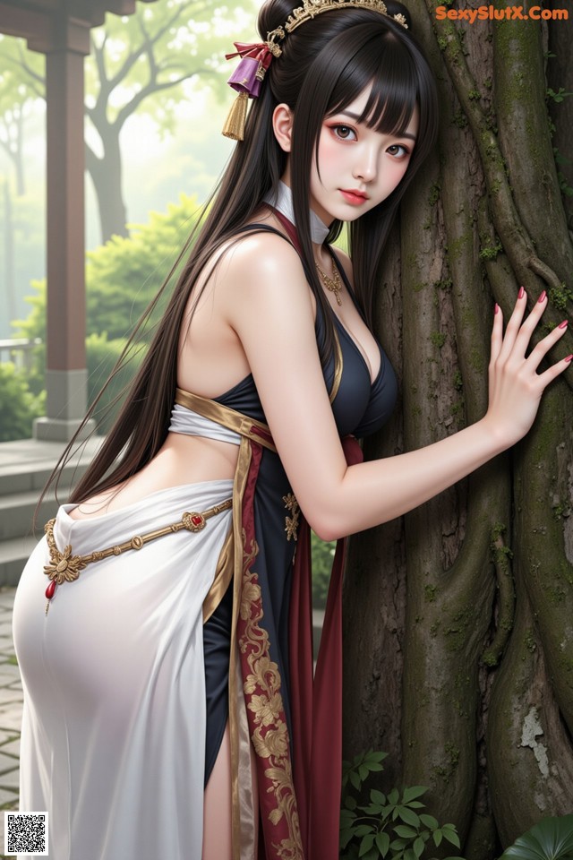 A woman in a black and white dress leaning against a tree.